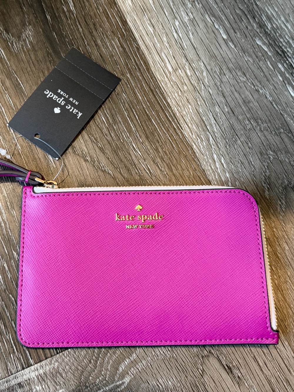 kate spade Hot Pink Zip Wristlet Card Holder with Gold Logo
